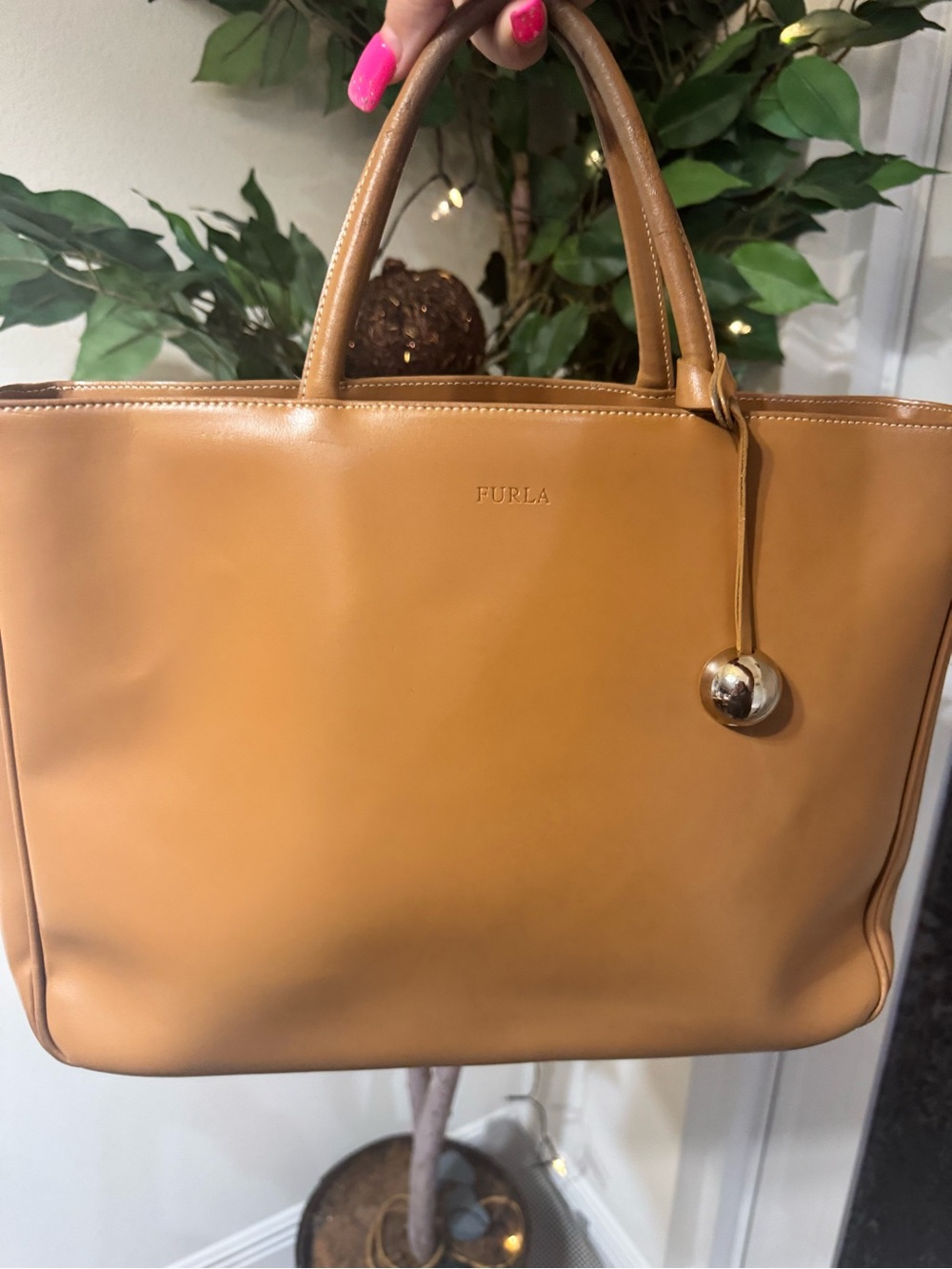 Furla Caramel Leather Tote with silver hardware